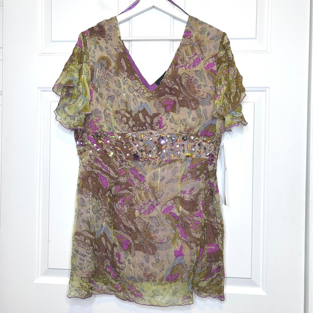 ASHRO NWT Beaded Kimono Style Boho Abstract Print Kimono Style Top XL‎